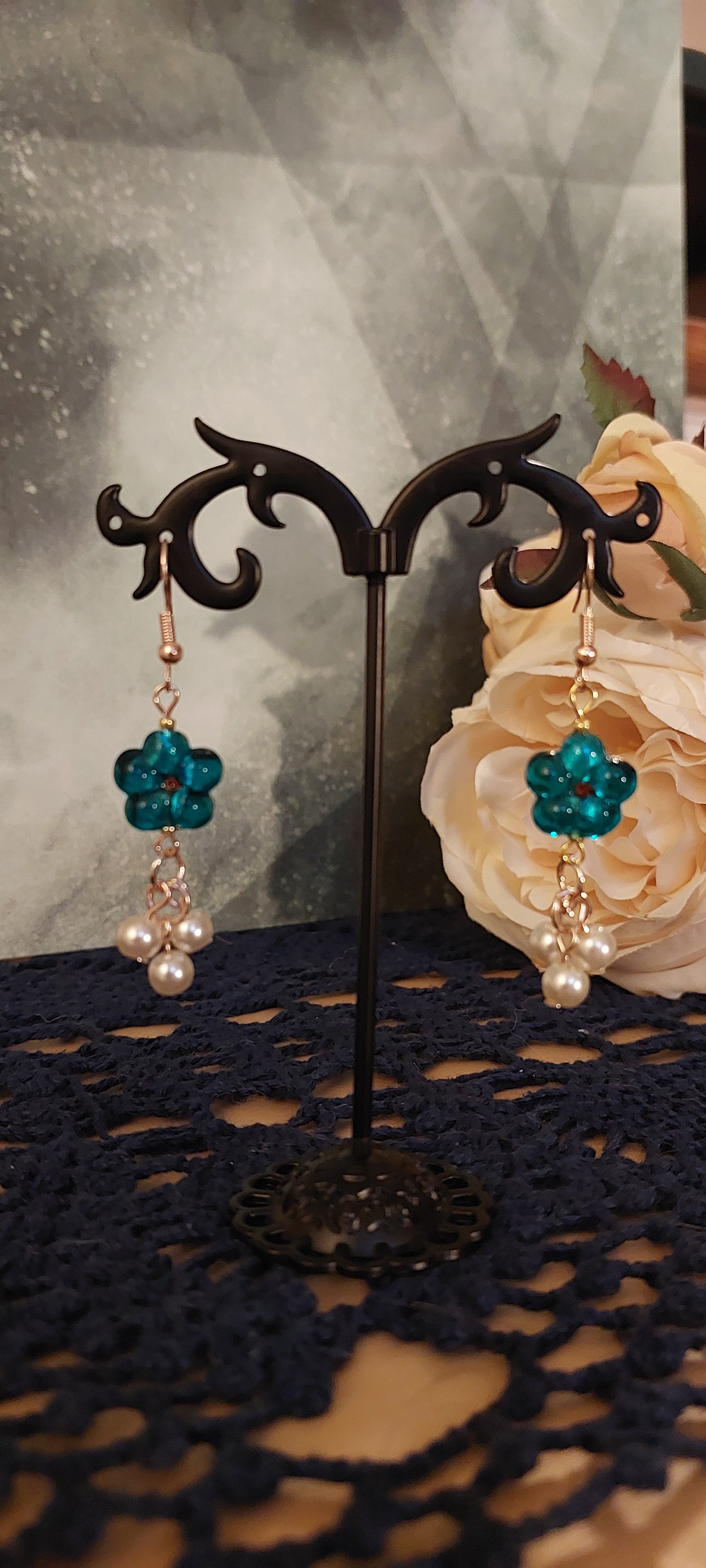 Teal Five Petal Flower Earrings
