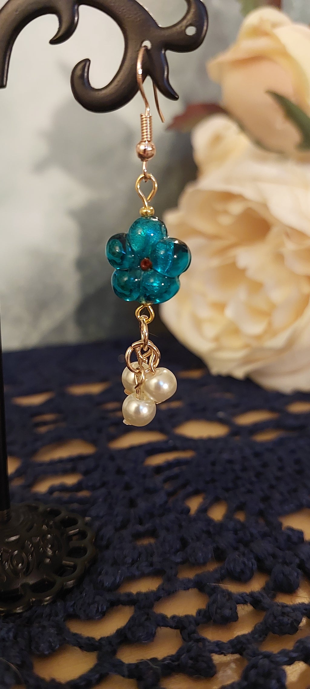 Teal Five Petal Flower Earrings