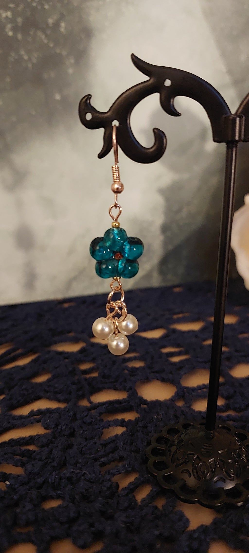 Teal Five Petal Flower Earrings
