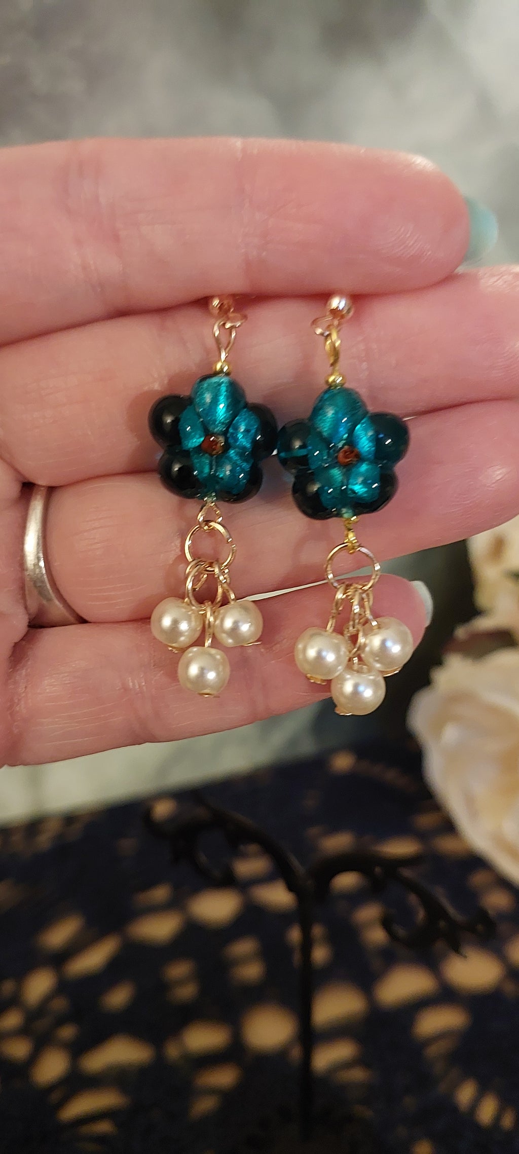 Teal Five Petal Flower Earrings