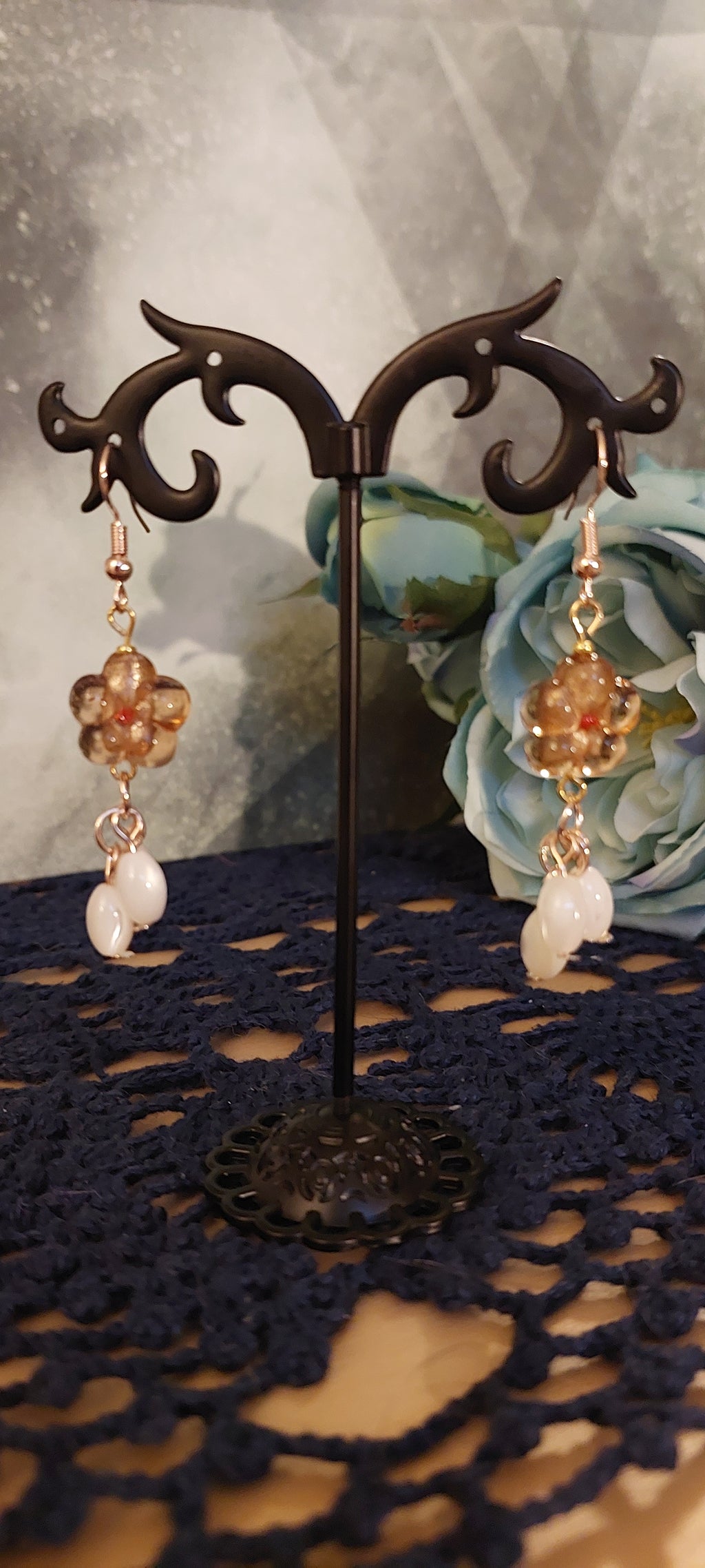 Amber Colored Five Petal Flower Earrings