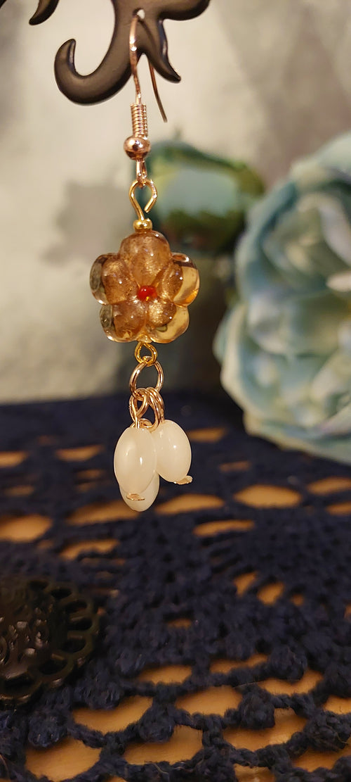 Amber Colored Five Petal Flower Earrings