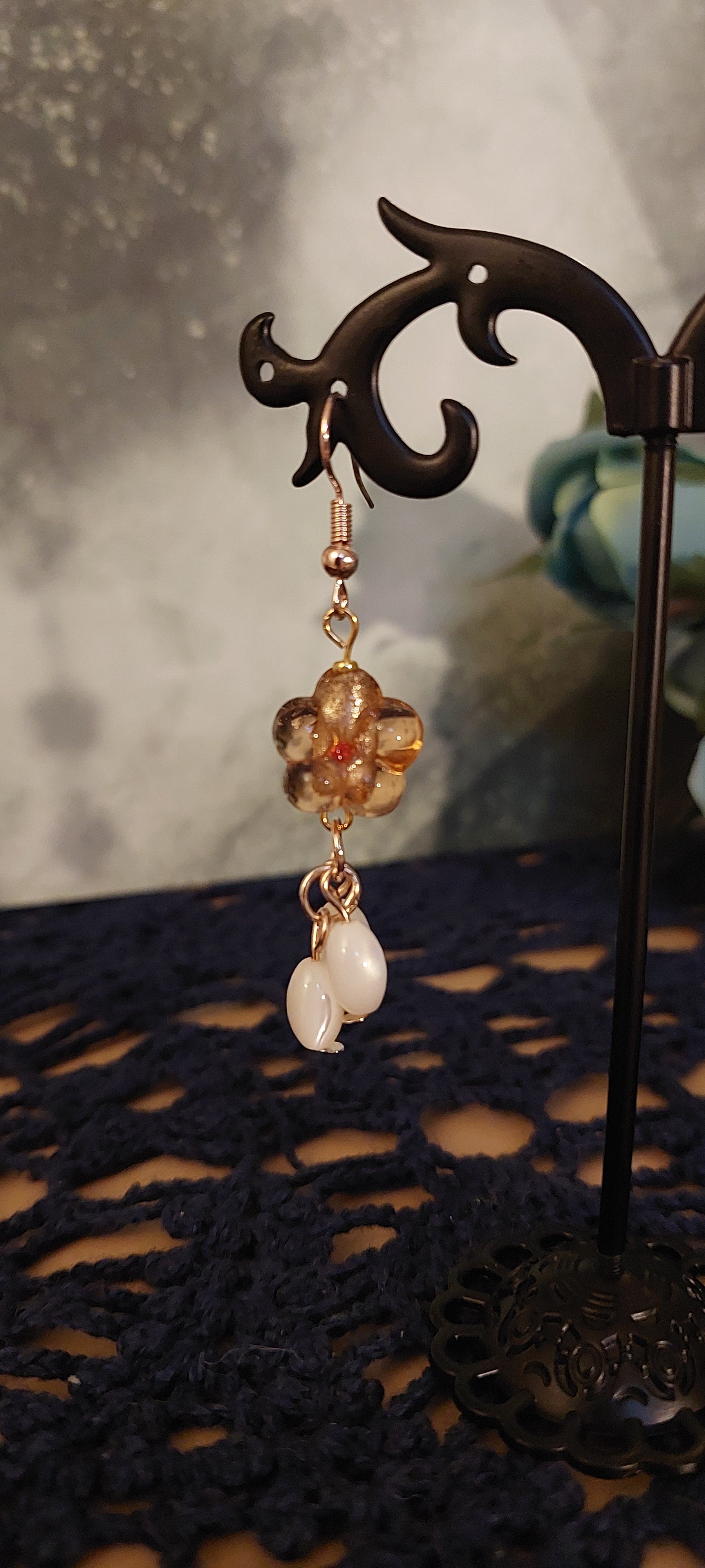 Amber Colored Five Petal Flower Earrings
