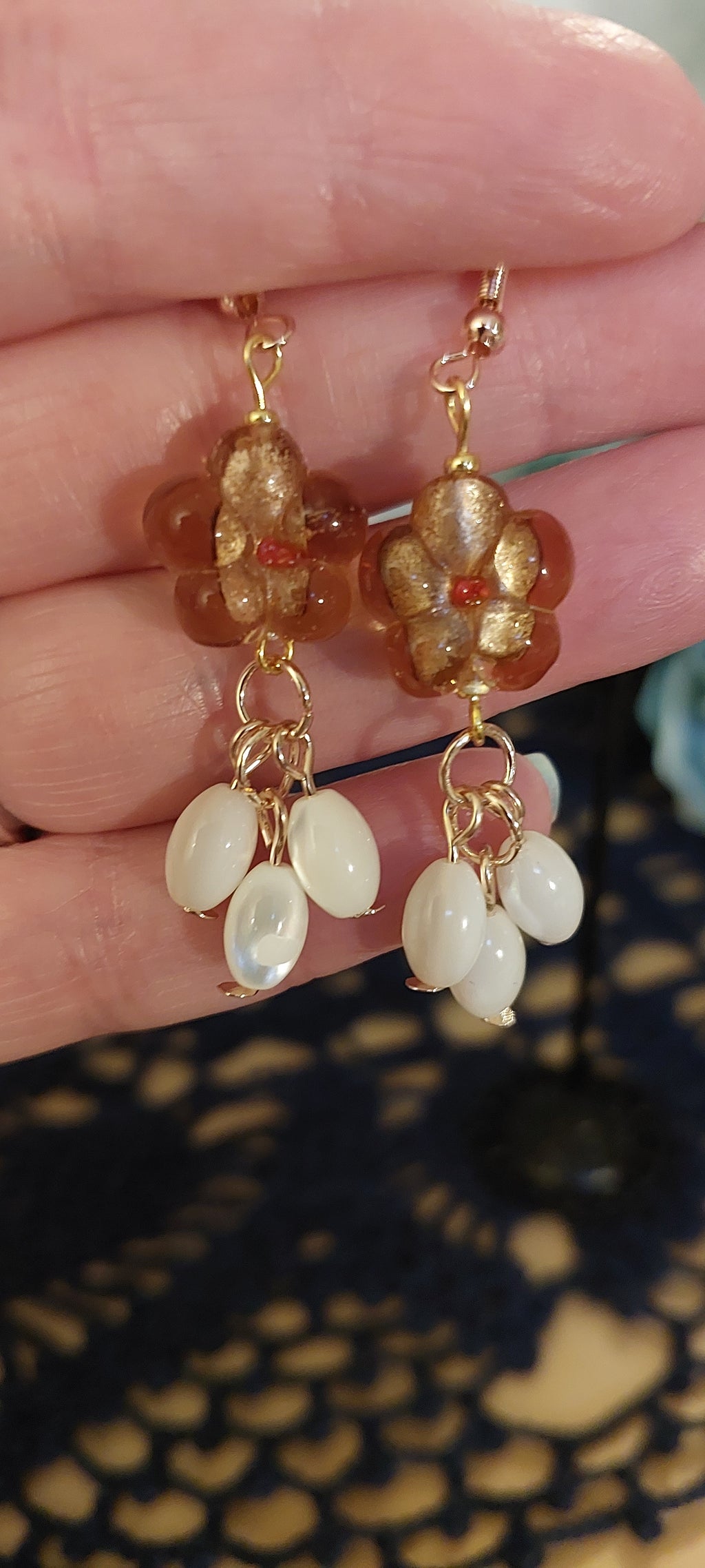 Amber Colored Five Petal Flower Earrings