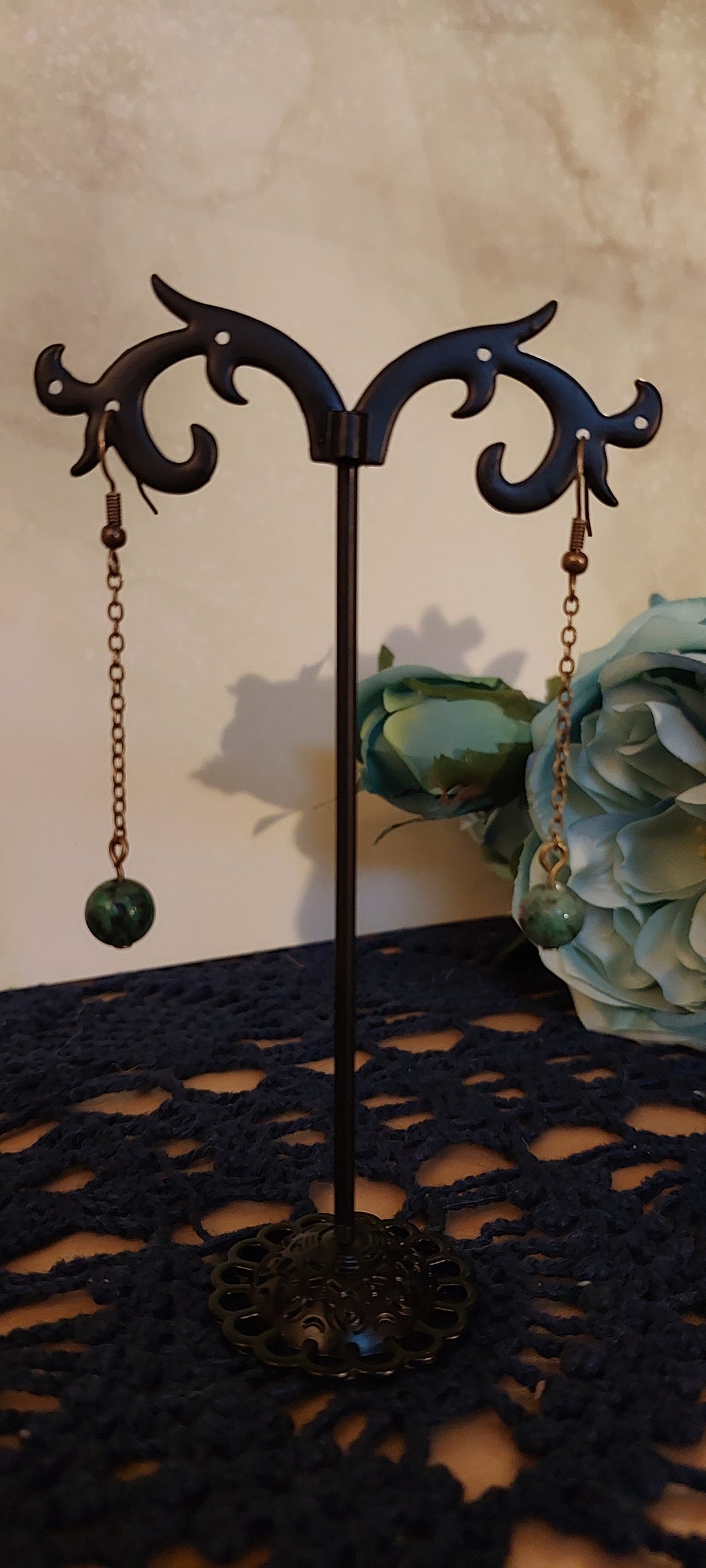 Green and Purple Brass Toned Earrings