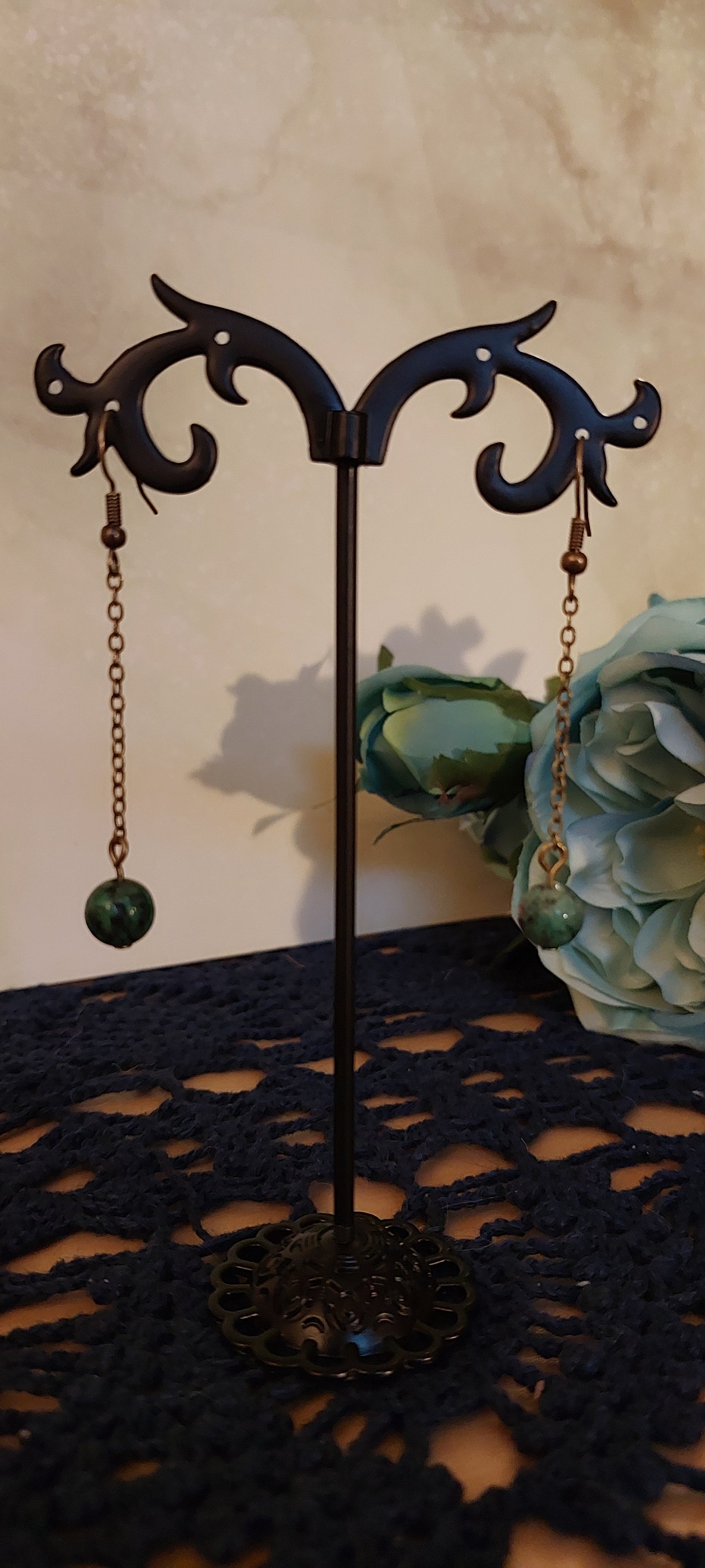 Green and Purple Brass Toned Earrings