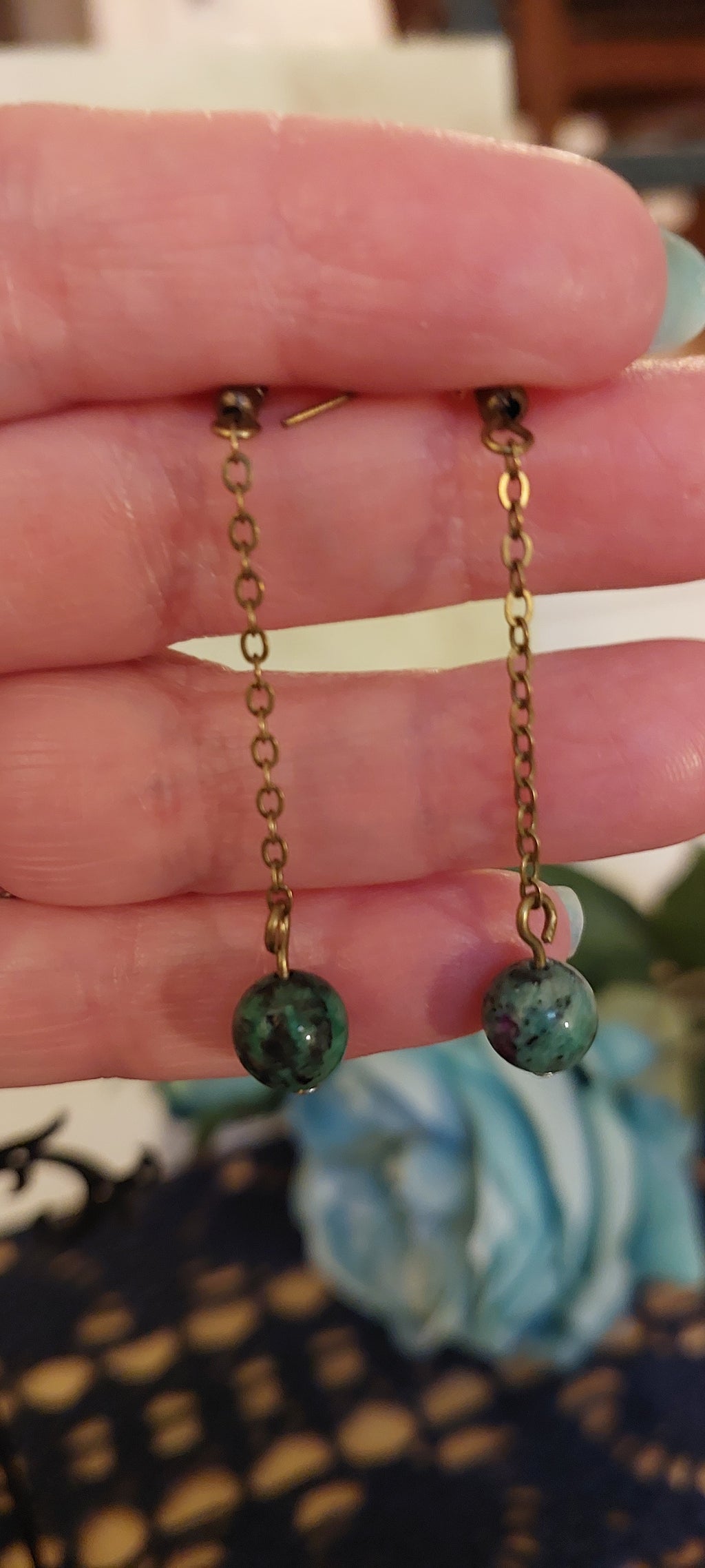 Green and Purple Brass Toned Earrings