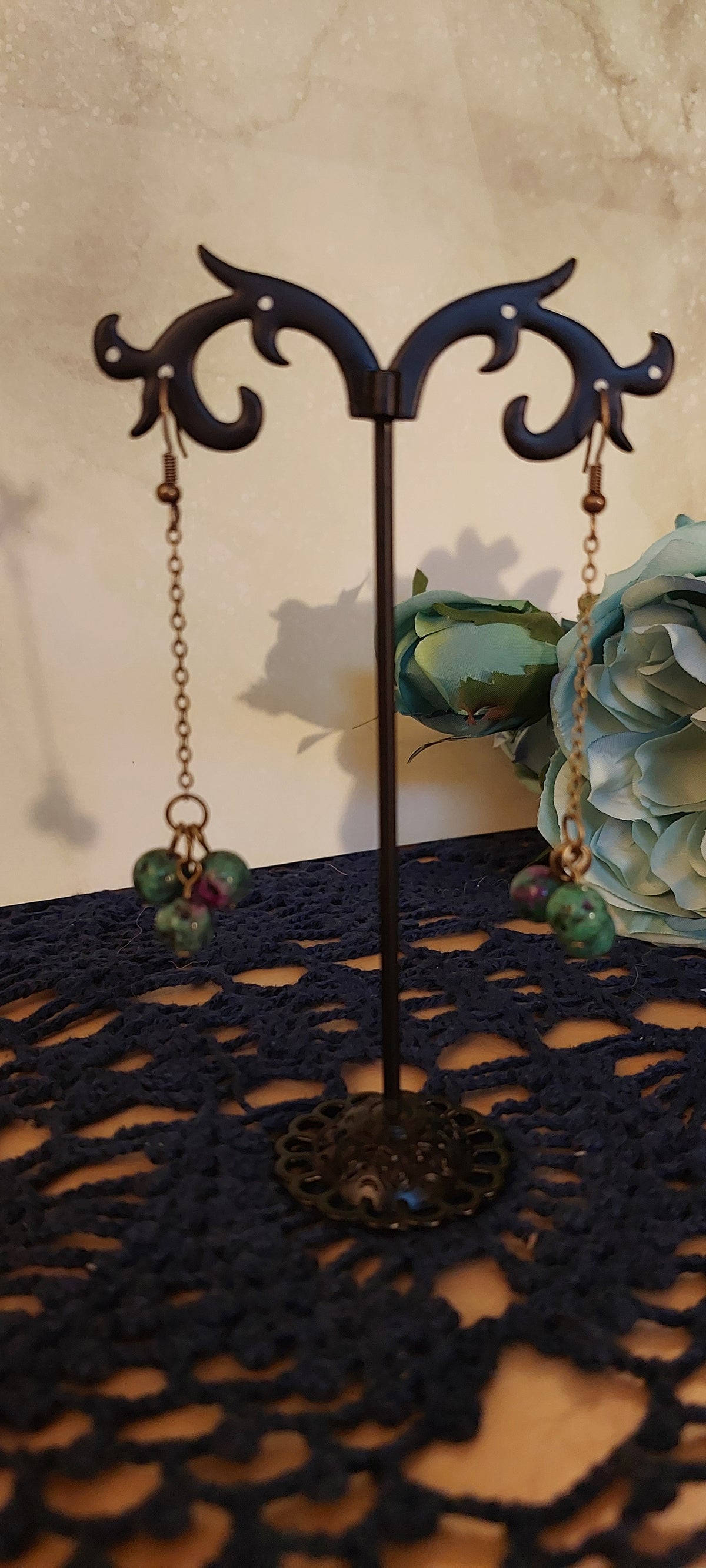 Green, Purple, and Brass Toned Earrings