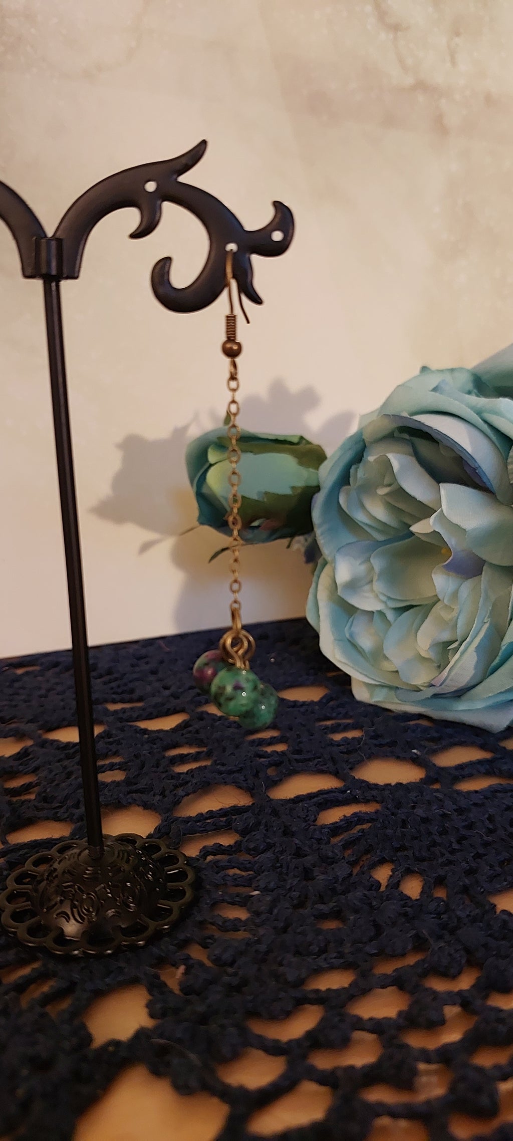 Green, Purple, and Brass Toned Earrings
