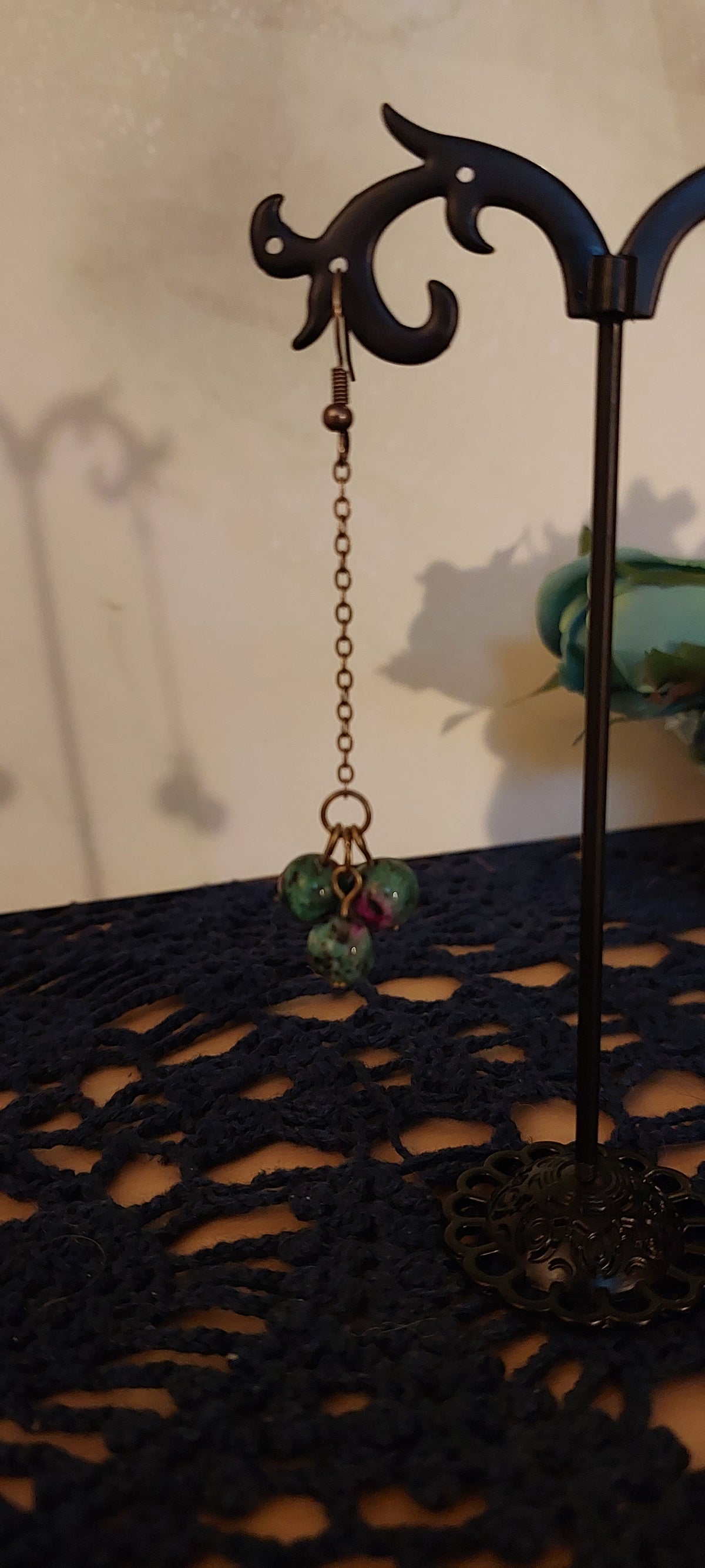 Green, Purple, and Brass Toned Earrings