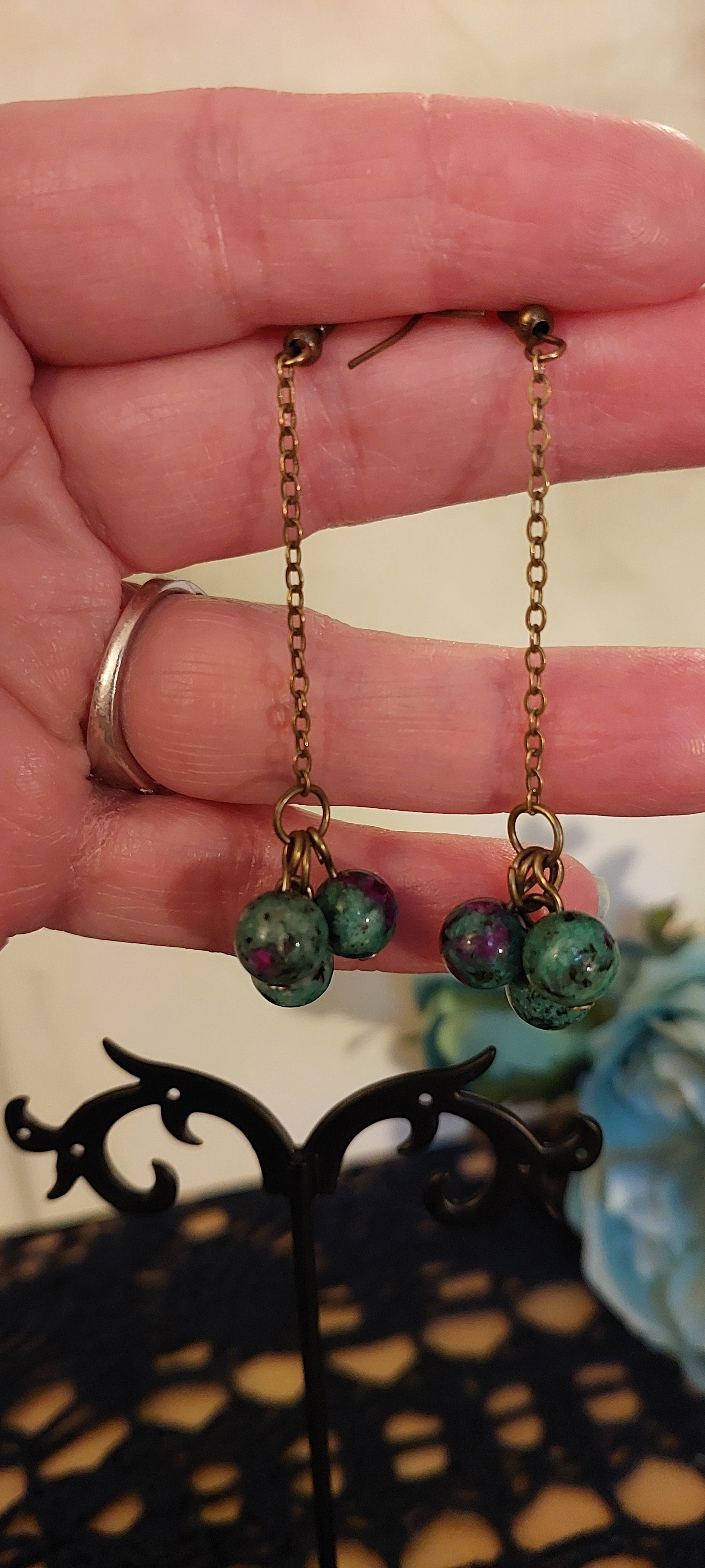 Green, Purple, and Brass Toned Earrings