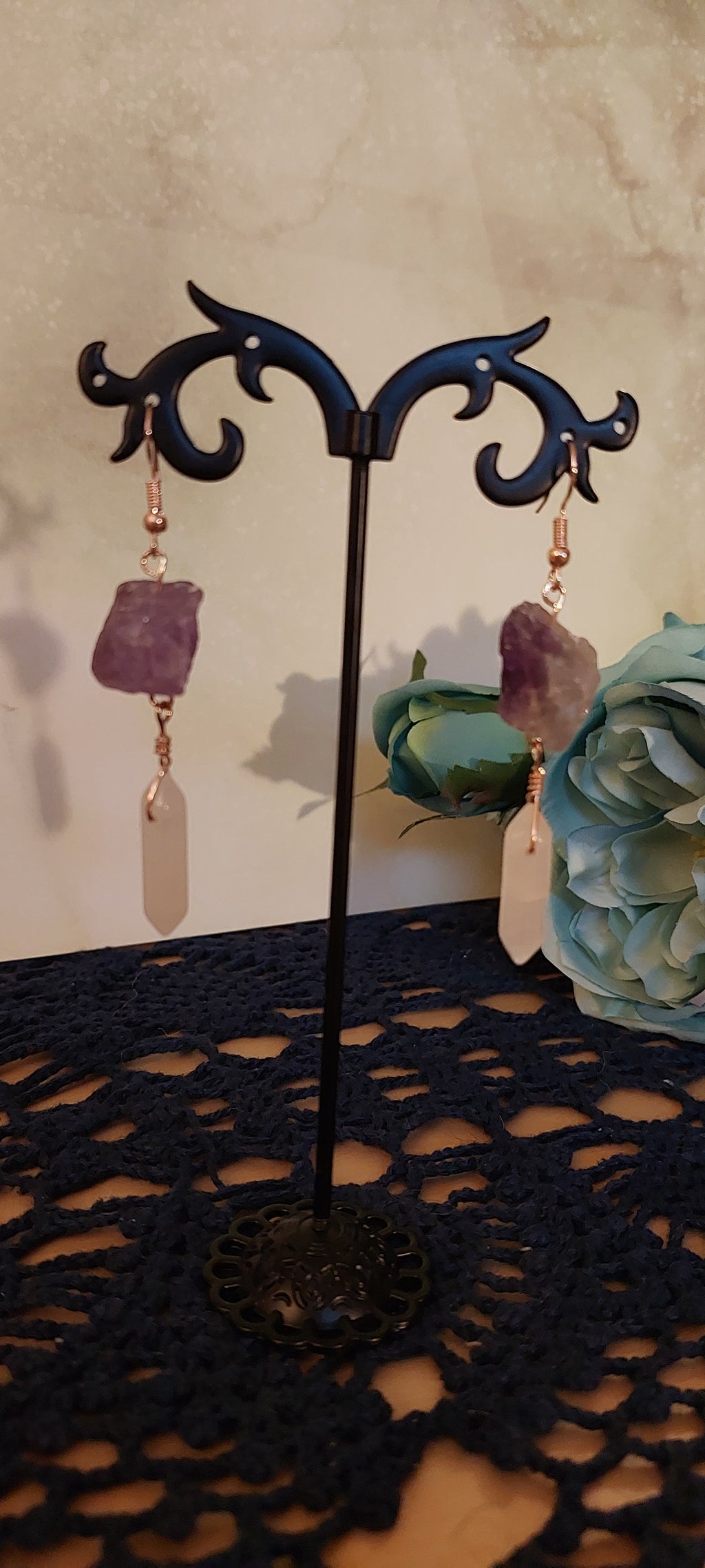Raw Amethyst and Rose Quartz Earrings