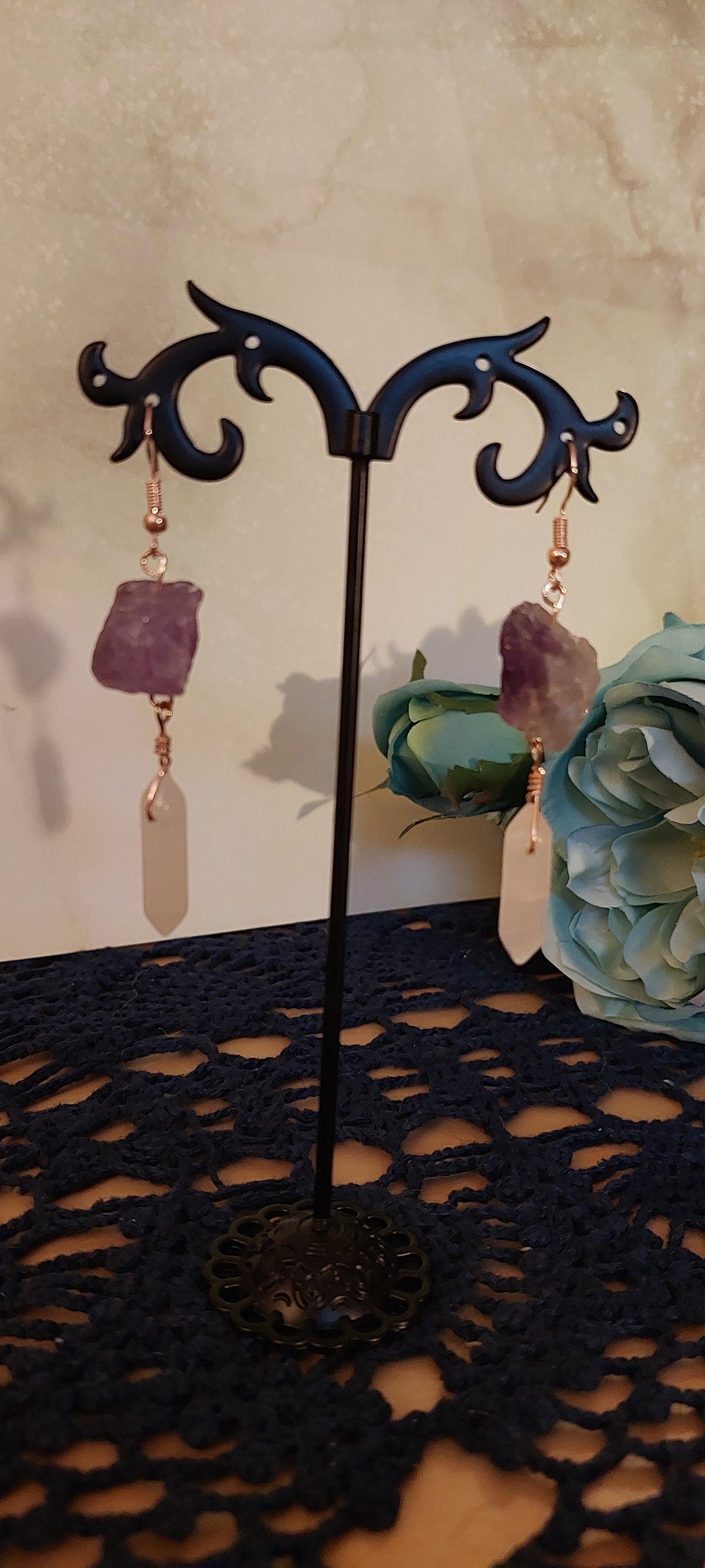 Raw Amethyst and Rose Quartz Earrings