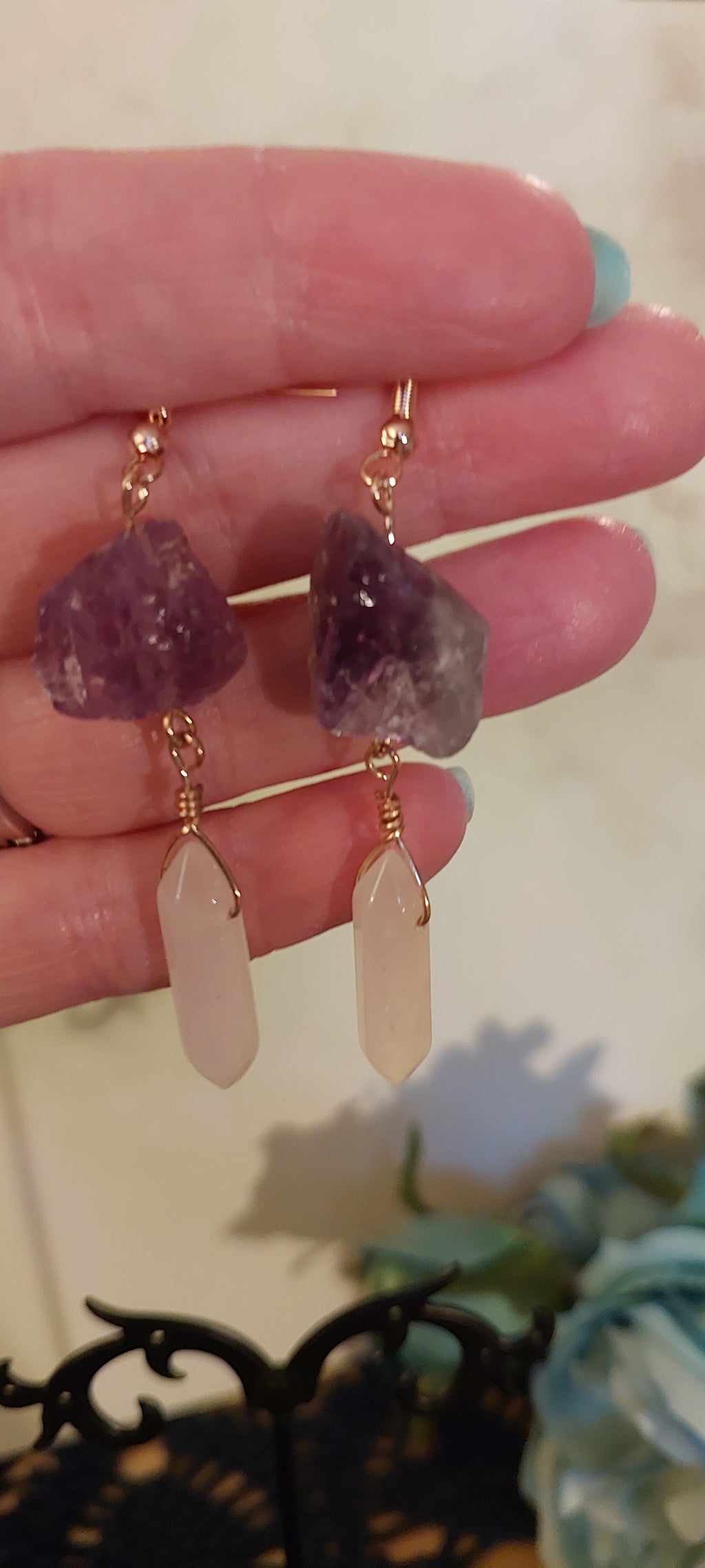 Raw Amethyst and Rose Quartz Earrings