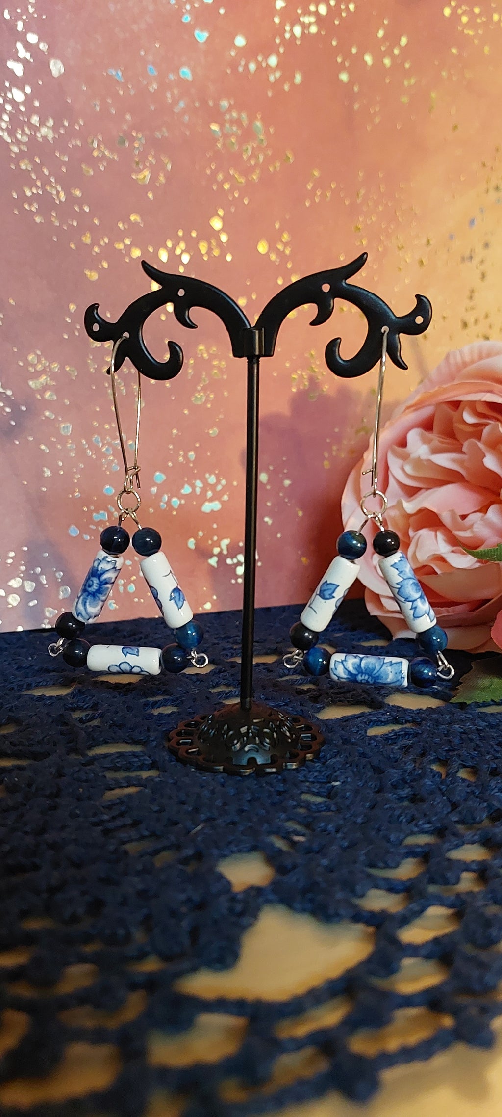 Blue and White Triangle Shaped Earrings with Blue Tiger's Eye