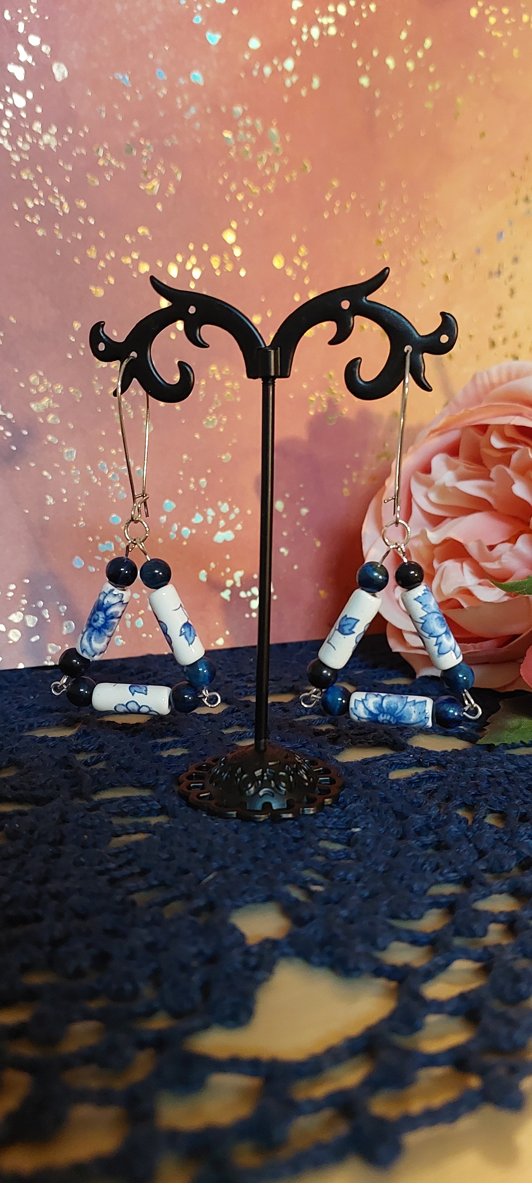 Blue and White Triangle Shaped Earrings with Blue Tiger's Eye