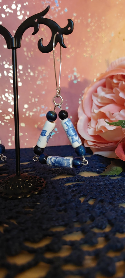 Blue and White Triangle Shaped Earrings with Blue Tiger's Eye
