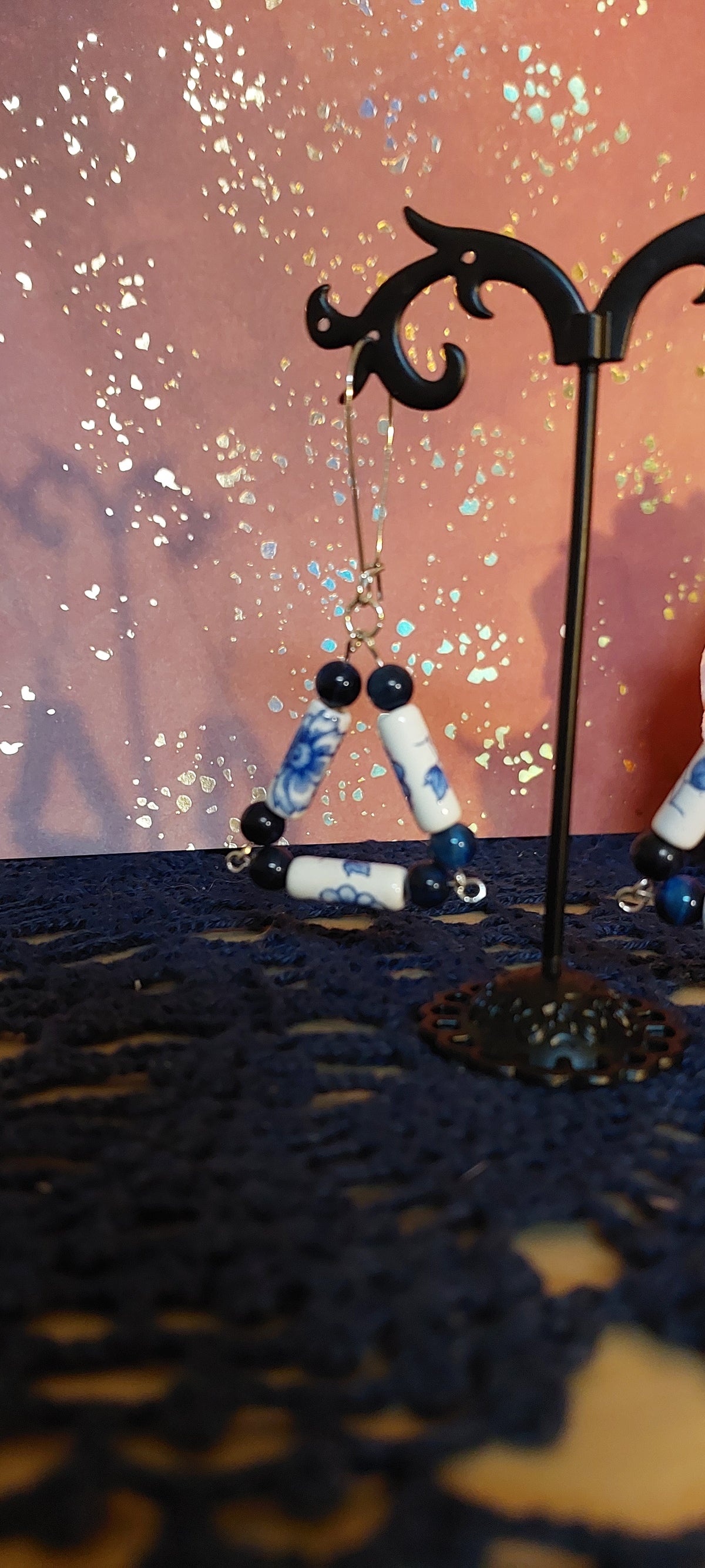 Blue and White Triangle Shaped Earrings with Blue Tiger's Eye