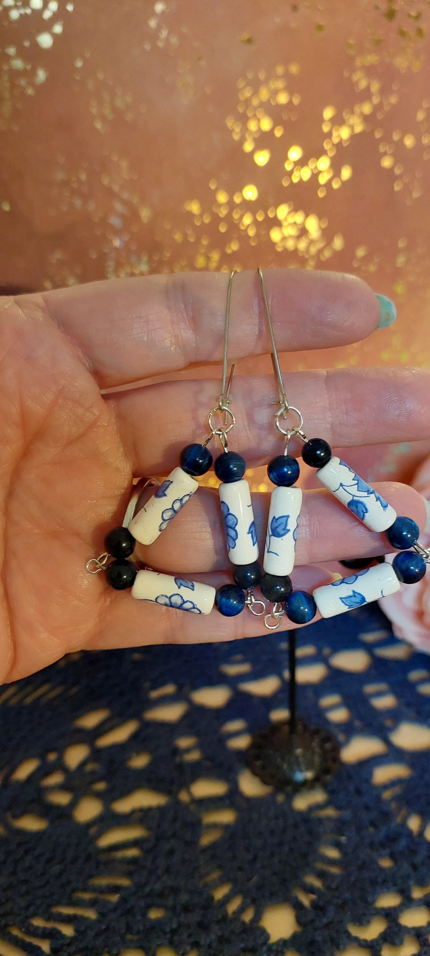 Blue and White Triangle Shaped Earrings with Blue Tiger's Eye