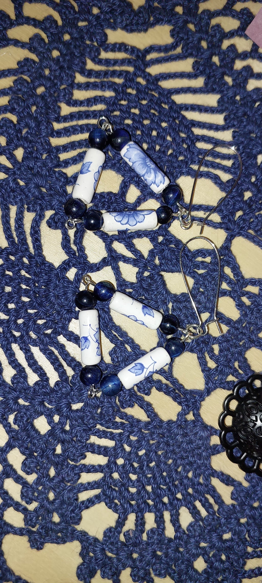 Blue and White Triangle Shaped Earrings with Blue Tiger's Eye