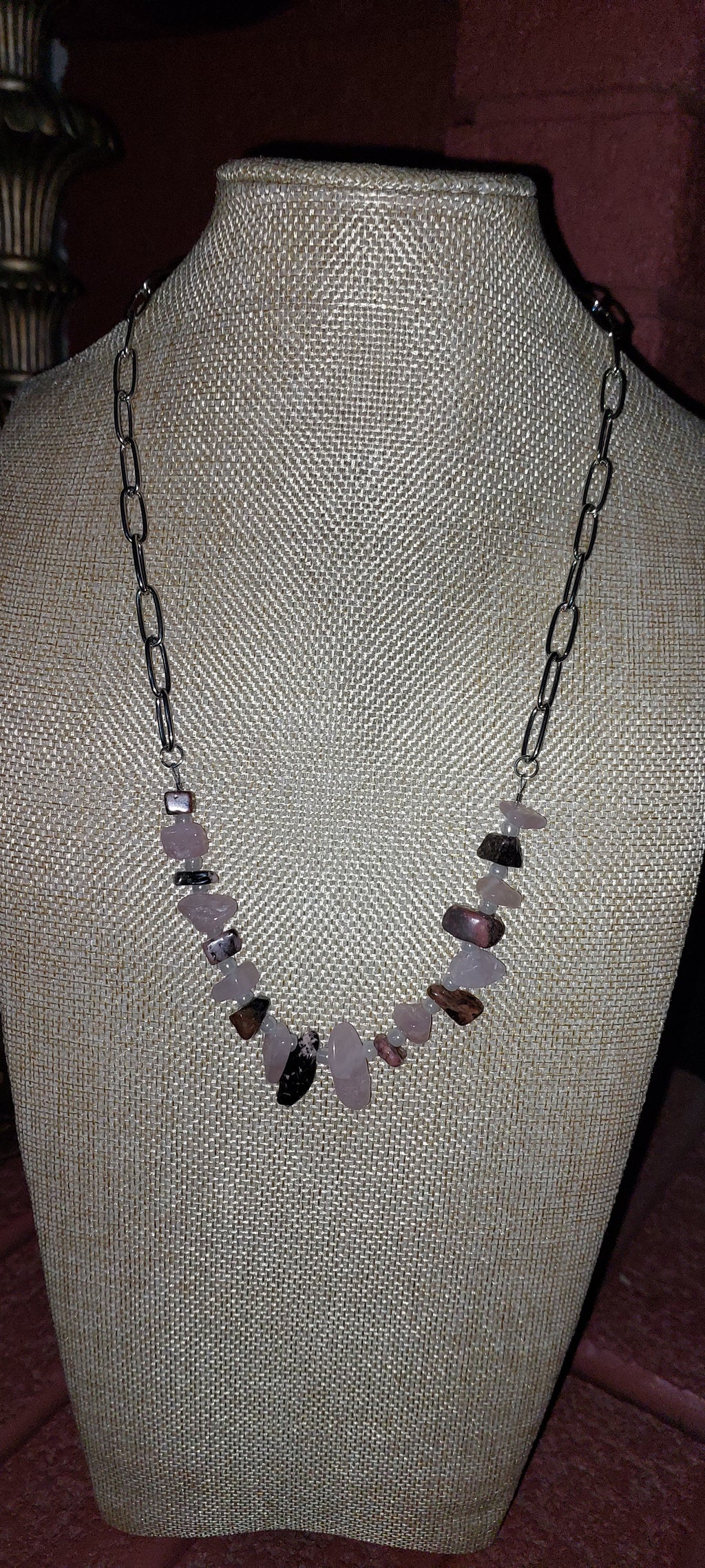 Rhodonite and Rose Quartz on a Silver Paper Clip Chain
