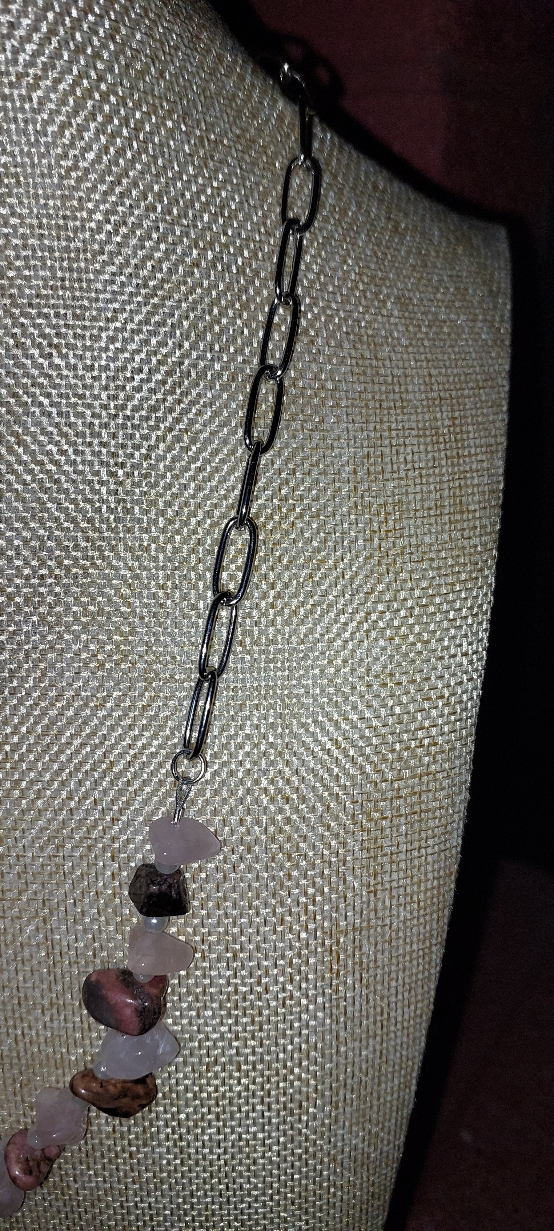 Rhodonite and Rose Quartz on a Silver Paper Clip Chain