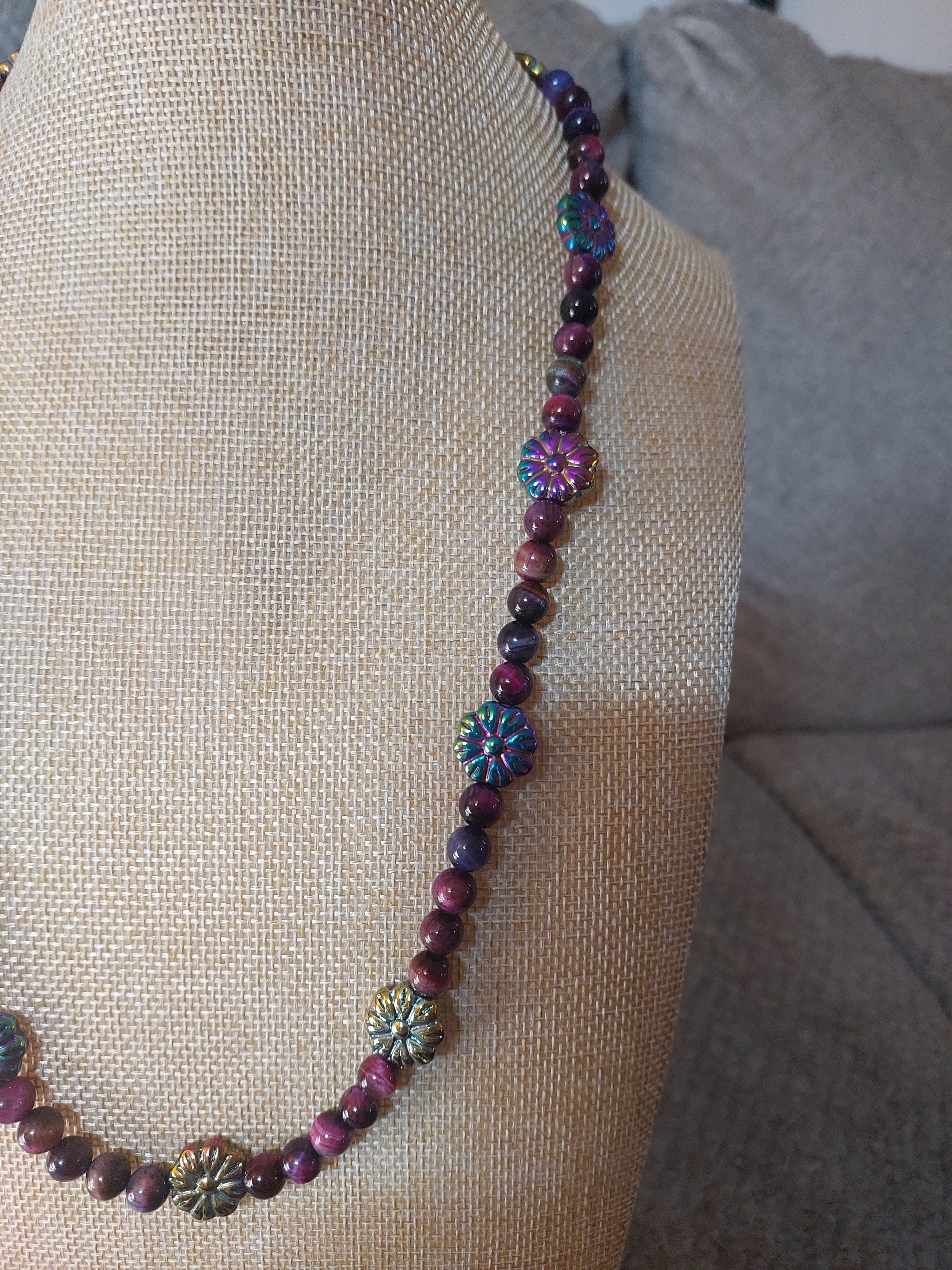 Galaxy Tiger's Eye Necklace with Color Shifting Flowers