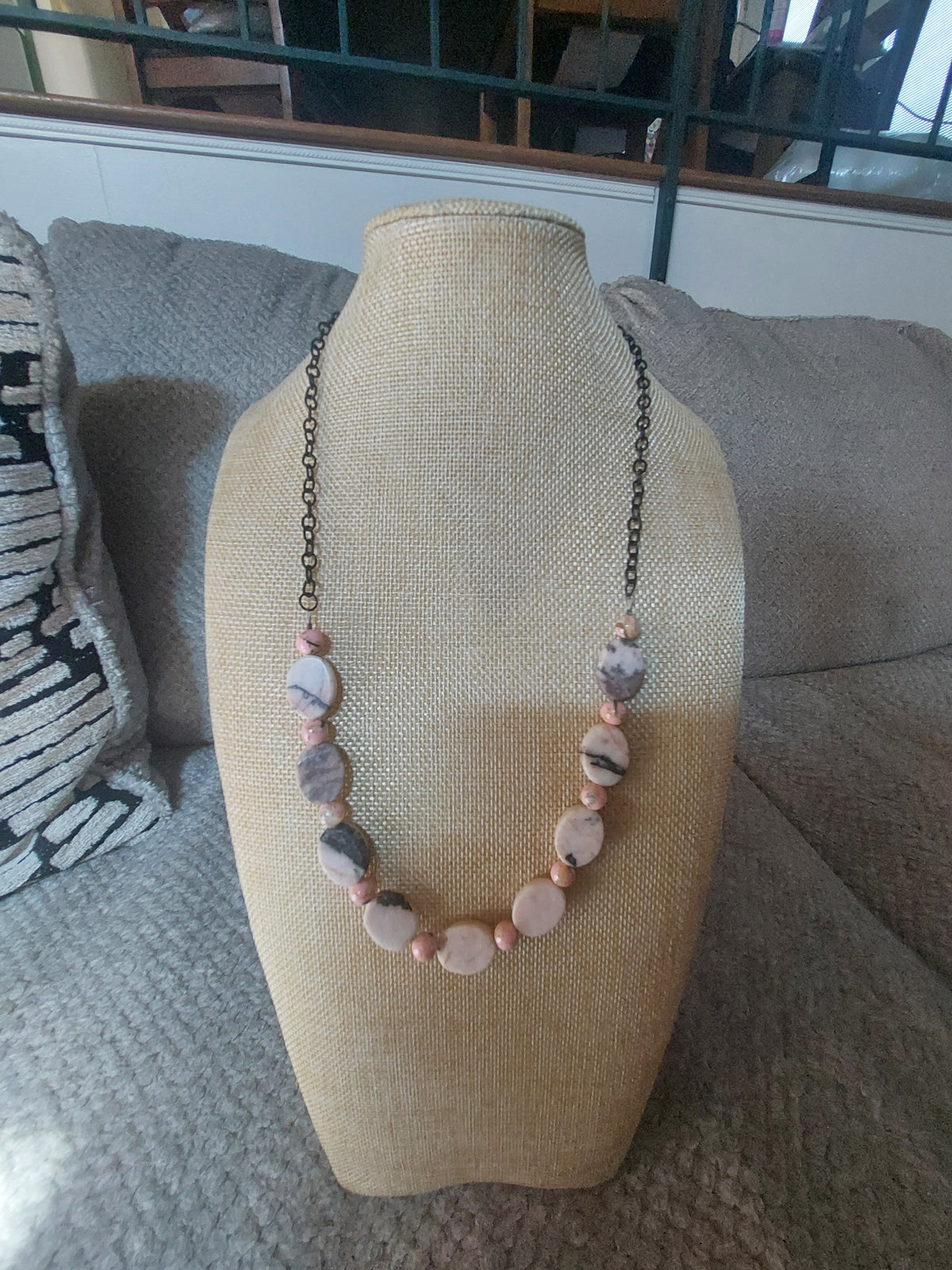 Pink Zebra Jasper and Black Necklace